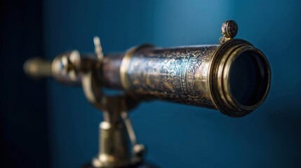 markings. Antique brass telescope pointed at starry sky, engraved markings on vintage scientific instrument. STEM education sheets.