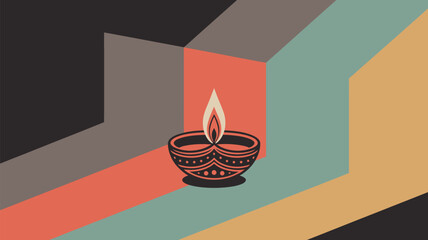 Illustration of a diya lamp with a flame on a geometric background with retro color palette design