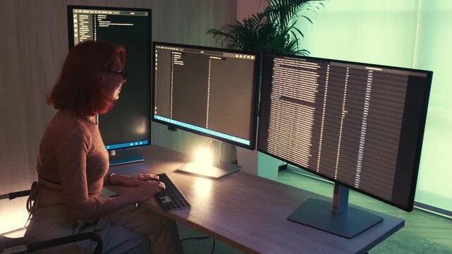 Programmer woman works at multi-monitor desktop setup in dim office, writing code across three large screens. Modern workspace scene reflects developer focus on software, technology, engineering tasks