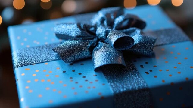 A blue gift box tied with a shiny silver bow, perfect for special occasions
