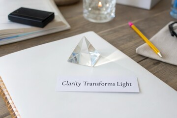 A transparent glass prism rests on white paper with an inspiring message