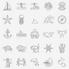 Obraz premium Ocean and Marine Life Icon Set Sailboats, Lighthouses, Starfish, Jellyfish, and More
