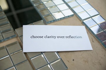 A white paper slip displaying an inspirational quote on mirrored tiles