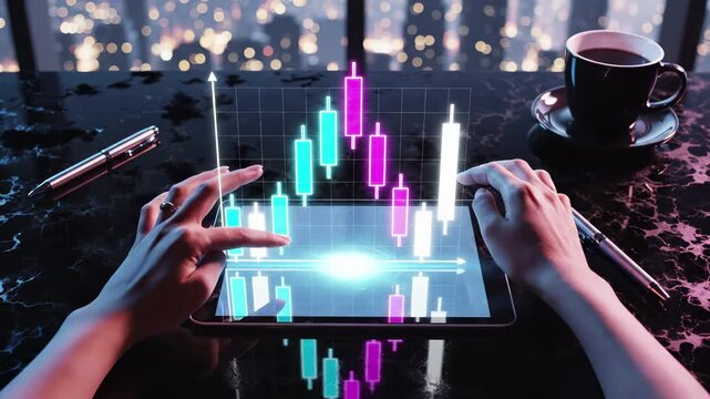 Hands analyze holographic candlestick chart on tablet displaying colorful trading data. Financial market analysis, exchange investment, forex, cryptocurrency monitoring, technical indicators