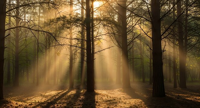 Golden sunbeams pierce through the dense forest canopy creating a magical ethereal light show illuminating the misty woodland floor