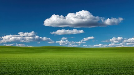 Obraz premium Expansive Green Field Under a Bright Blue Sky with Fluffy Clouds