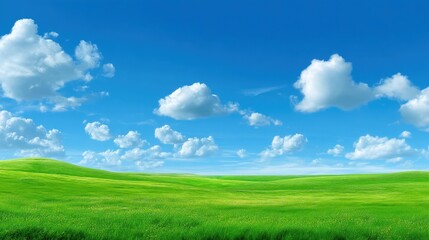 Fototapeta premium Lush Green Grass Landscape Under Bright Blue Sky with Fluffy Clouds