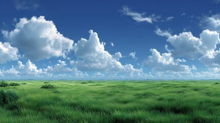 Obraz premium Lush Green Grass Field Under Bright Blue Sky with Fluffy Clouds