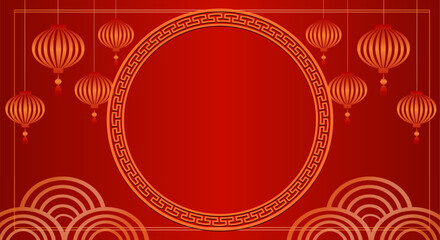 Traditional Chinese red background with hanging lanterns and circular frame in gold decorative style.