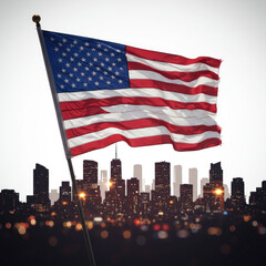 American flag waving above a silhouetted cityscape featuring the world trade center tower