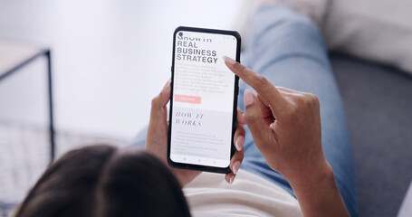 Phone screen, reading and woman relax on couch, online article or blog tips for startup entrepreneur. Business owner, digital info or person with mobile for research, recommendation and above in home
