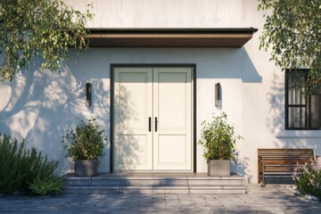 Elegant cream double doors welcome guests to a modern residence.