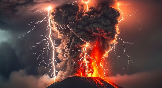 Dramatic volcanic eruption at night with bright orange lava flows and intense lightning strikes illuminating the dark sky and ash plume