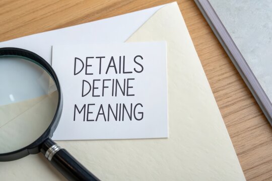 Magnifying glass on a note card saying Details Define Meaning