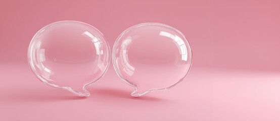 Obraz premium Bubbles of Conversation: Two transparent speech bubbles float weightlessly against a soft pink backdrop, sparking curiosity. Evoking thoughts of dialogue, connection, and the art of communication.