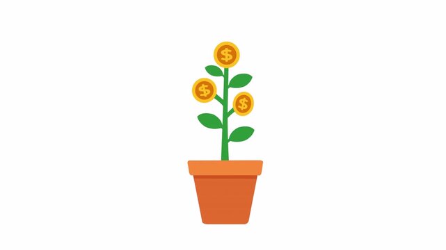 Animated vector illustration of a coin plant growing from pot representing financial investment growth on alpha channel.