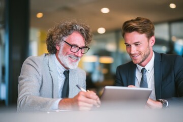 Two smiling professionals collaborating over a tablet in a bright modern office, showing teamwork, success, and positive communication.