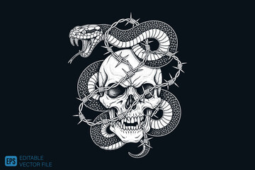 Intricate Skull and Snake Tattoo Design with Barbed Wire.