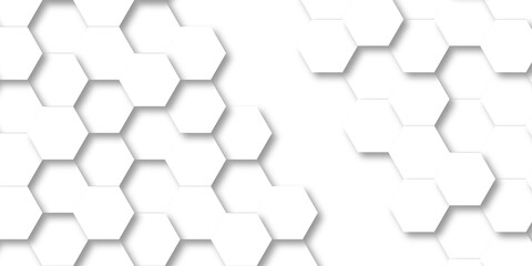 Hexagonal emboss white grid tile mosaic structure mess cell design. white and gray hexagon honeycomb football geometric copy space business texture.	