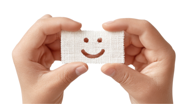 Child's Hands Holding a Smiley Face Patch: Positive Expression