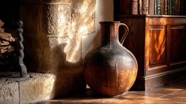 flagon. Antique flagon on wooden table near stone fireplace in rustic interior. lifestyle magazines, social media lookbooks, designed for influencer and brand collaborations.