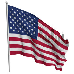 Waving american flag with stars and stripes overlayed with a city skyline silhouette