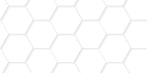 Hexagonal emboss white grid tile mosaic structure mess cell design. white and gray hexagon honeycomb football geometric copy space business texture.	
