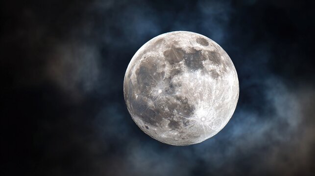 phase. A detailed closeup of the full moon, showcasing its textured surface against the dark expanse of space. STEM education sheets.