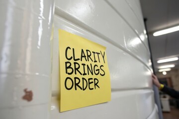 Yellow sticky note with Clarity Brings Order message on white surface