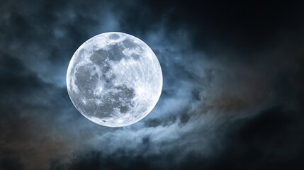 phase. A detailed closeup of the full moon, showcasing its textured surface against the dark expanse of space. STEM education sheets.