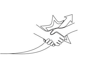 Two hands shaking in agreement with upward trending arrows symbolizing growth and success