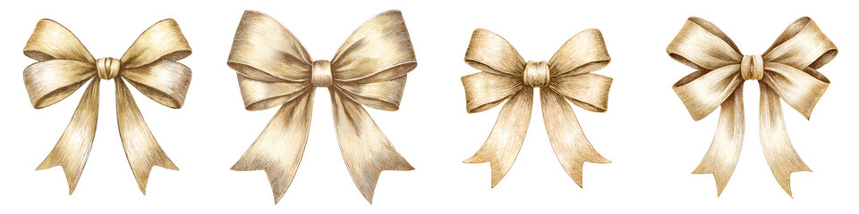 Watercolor Illustration: Set of Four Elegant Golden Bows Isolated on White Background