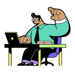 Engaged professional at a desk, collaborating on a laptop and confidently pointing upwards, symbolizing innovative ideas, strategic insights, or clear instructions for business solutions
