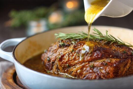 Pouring Sauce on Roasted Meat in Pot Close Up Food Photography Delicious Meal Preparation Culinary Art