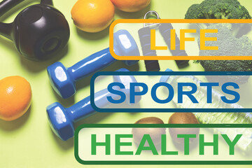 Sports background and assorted fruits, general health concept, and reserved areas with text. Zenith view.