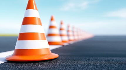 Traffic cones arranged in a professional driving school practice area on a sunny day for skill development and training