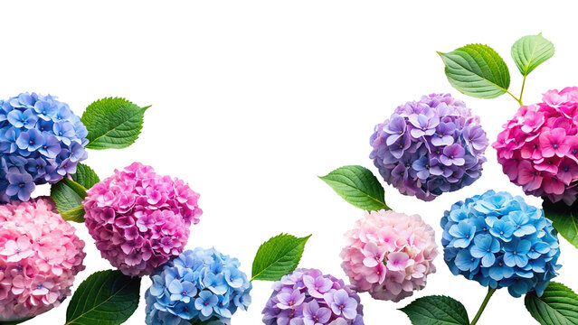 A vibrant collection of colorful hydrangea flowers, including shades of pink, blue, and purple, artfully arranged with green leaves, isolated on transparent background