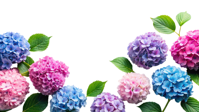 A vibrant collection of colorful hydrangea flowers, including shades of pink, blue, and purple, artfully arranged with green leaves, isolated on transparent background