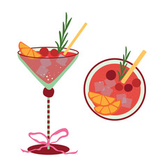 Classy cocktail vector illustration. Festive red alcohol drink in martini glass with garnishes, ice cubes, citrus isolated on white background. Party beverage for Christmas, wedding, Birthday