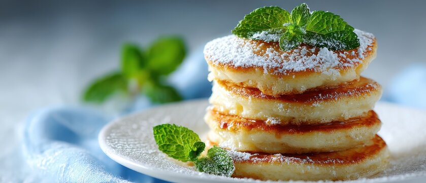 Stack of Fluffy Pancakes Dusted with Powdered Sugar and Garnished with Fresh Mint Leaves on White Plate Food Photography