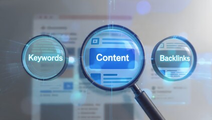 Stock Photo of Digital Content Concept with Magnifying Glass Highlighting SEO Keywords, Content Strategy, and Backlinks