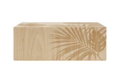 Wooden block podium with tropical leaf shadows