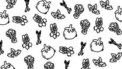 Seamless hand-drawn vegetables pattern, tomato and asparagus illustrations, black and white graphic design, abstract kitchen-themed background