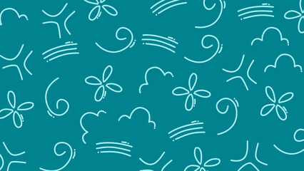 Seamless abstract graphic pattern with clouds and swirls on teal background, digital illustration, modern design, flat viewpoint, creative concept