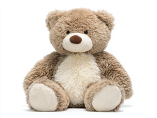 Obraz premium Plush teddy bear sitting upright isolated on white background studio shot close up adorable furry stuffed animal toy for children