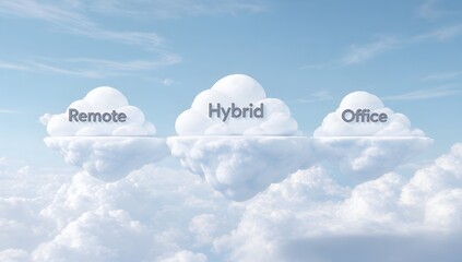 Remote and Hybrid Office Concept with Clouds in a Clear Sky, Flexible Workspaces, Digital Collaboration, and Virtual Teamwork for Modern Businesses