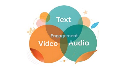 Vibrant overlapping circles illustrating text, video, and audio elements for multimedia engagement in marketing, content creation, and communication