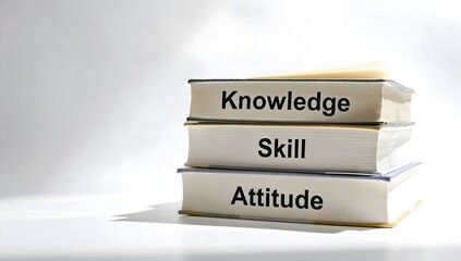Stack of three hardcover books labeled Knowledge, Skill, and Attitude on a clean white surface illustrating learning, growth, and development