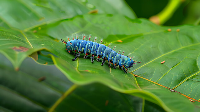 Blue caterpillar on green leaf