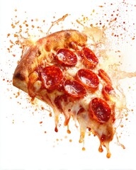 Pepperoni Pizza Slice with Cheese Drip and Splash on White Background Studio Shot Close Up Delicious Food Italian Cuisine